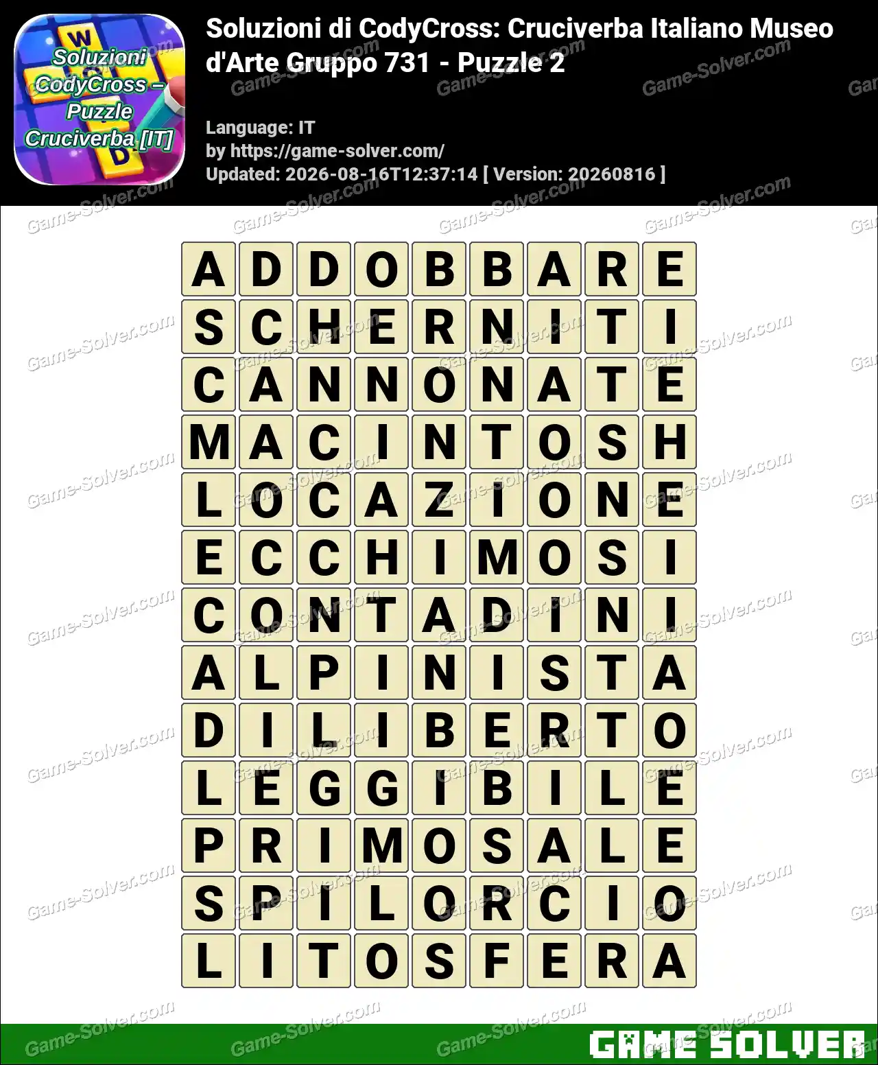 Soluzioni di CodyCross: Cruciverba Italiano Museo d’Arte Gruppo 731 – Puzzle 2
